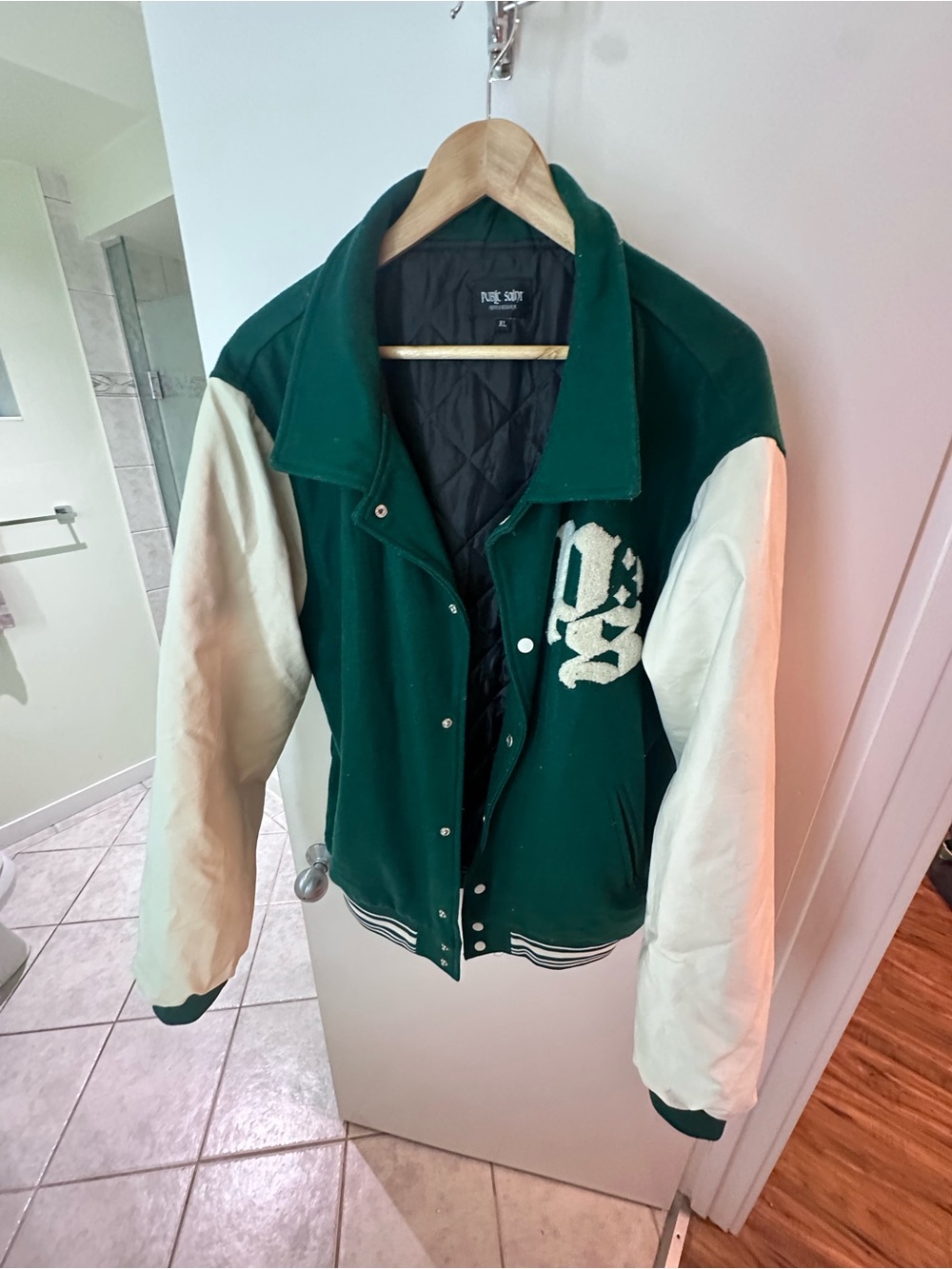 Forest Green & Cream Varsity Jacket with Chenille Lettering from public saint